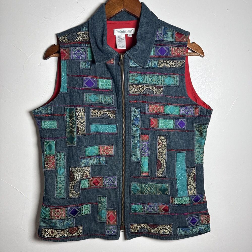 Coldwater Creek Jean Vest Patchwork Women's Size Medium Granny Cottage Prairie